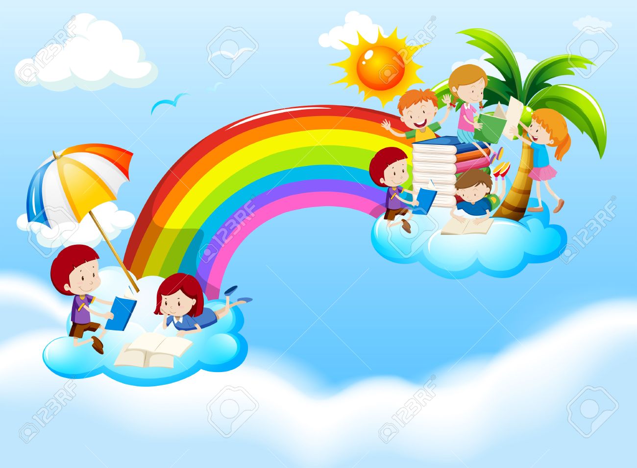 52039101-children-reading-books-over-the-rainbow-illustration-Stock-Photo